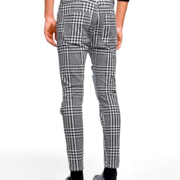 Zara Man Rare Ripped Leg Black & White Skinny Houndstooth Trousers Size 29 - Picture 4 of 9